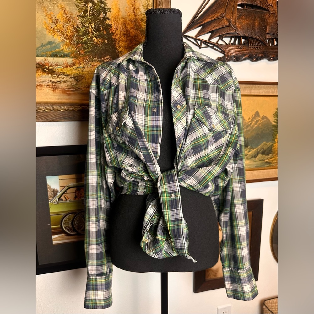 Vintage Wrangler Plaid Western Shirt Pearl Snaps Men's M Extra Long